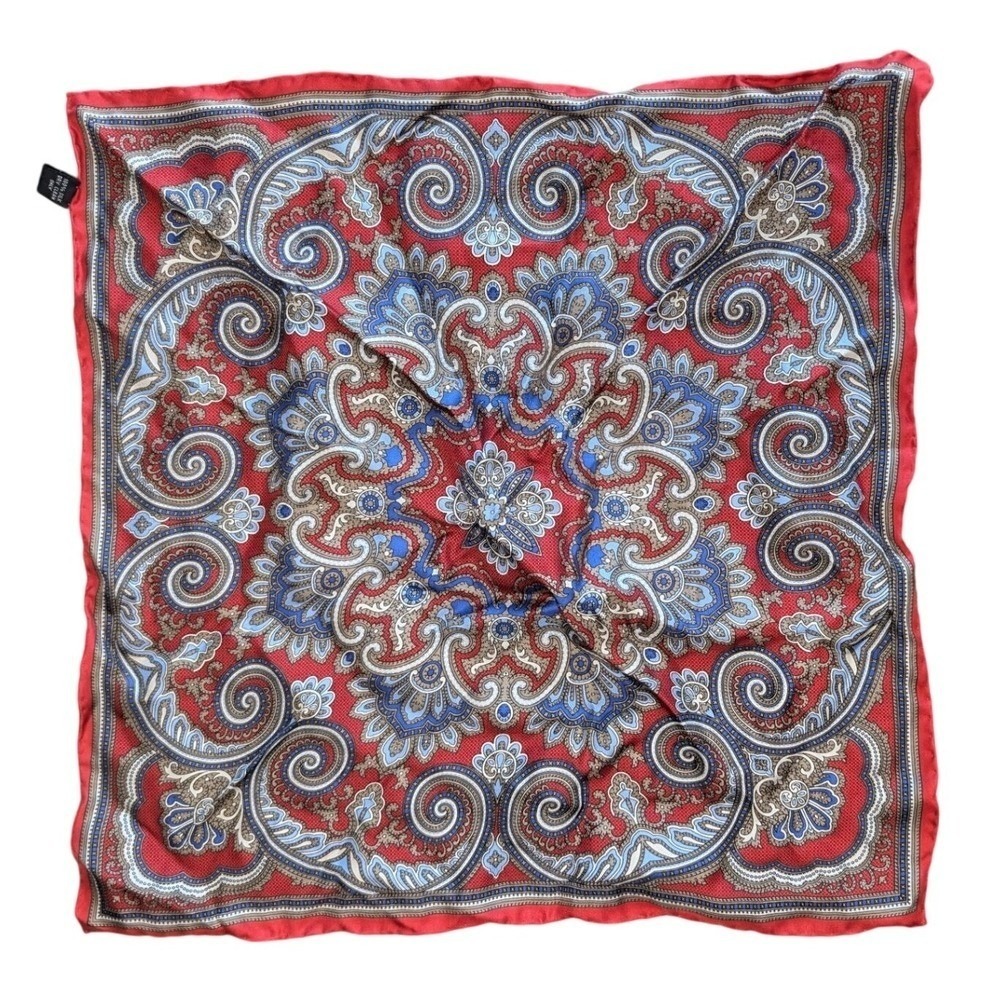 100% Silk Pocket Square red paisley and scrollwork motif blue and gold